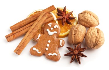 Fototapeta na wymiar Gingerbread cookie, nuts and spices for Christmas baking
