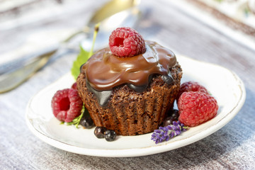 Chocolate cake with raspberries