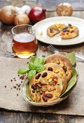 Breakfast buns with vegetables in wicker basket