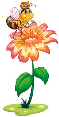 A bee with a pot of honey flying above the fresh flower