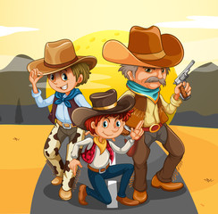 Three cowboys at the road