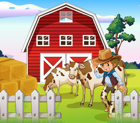 A cowboy inside the farm with cows and a barnhouse