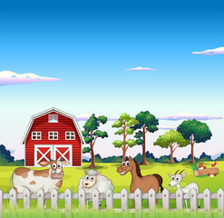 Obraz na płótnie Canvas Animals inside the fence with a barnhouse at the back