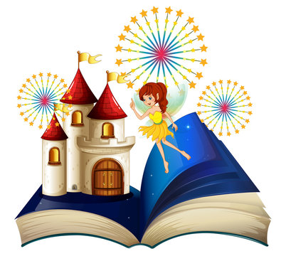 A storybook with a flying fairy near the castle with fireworks
