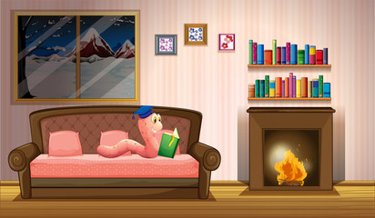 A worm reading a book near the fireplace