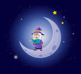 A wizard holding a book near the moon