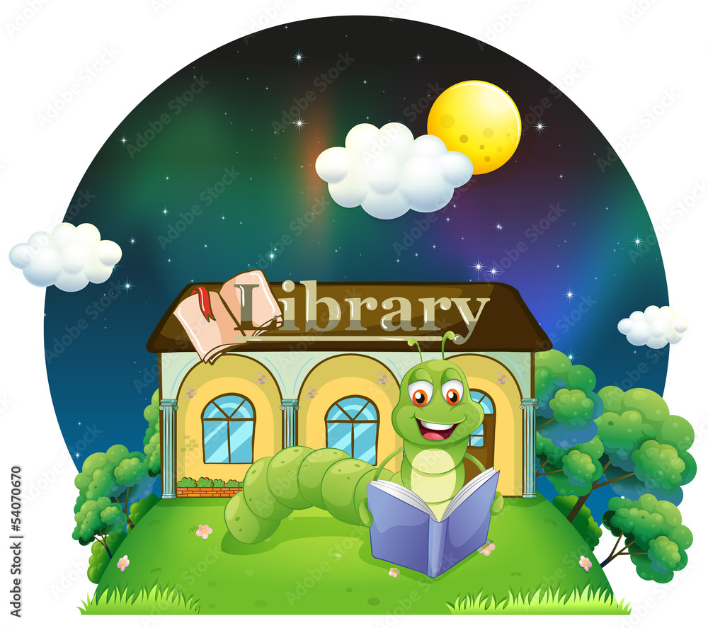 Fototapete A worm reading a book in front of the library
