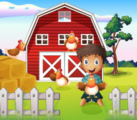 A boy playing with his farm animals