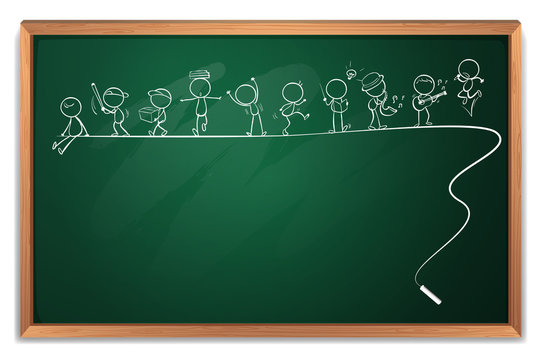 A blackboard with a drawing of people engaging in different acti