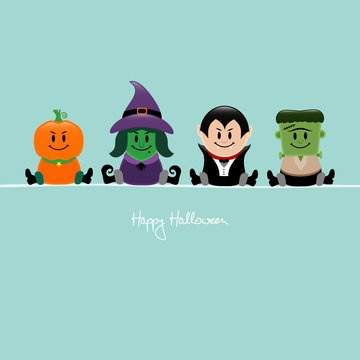 Halloween Pumpkin, Witch, Dracula & Frankenstein´s Monster Retro