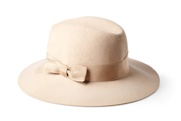 beige female felt hat isolated on white background