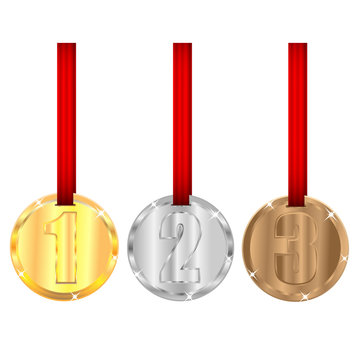 set of medals with red ribbons isolated on white background