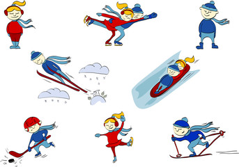 Set of eight pictures with winter sports