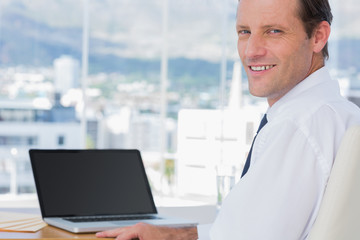Obraz premium Cheerful businessman sitting in front of a laptop