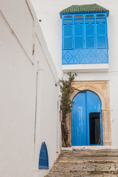 view of traditional house in Sidi Bou Said town in Tunisia