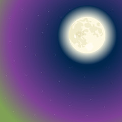 Vector moon on a dark blue sky with polar lights