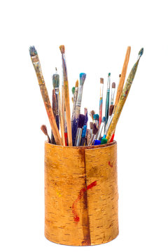 Set Of Paint Brushes In Pencil Holder Isolated On White