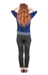 Back view of shocked  woman