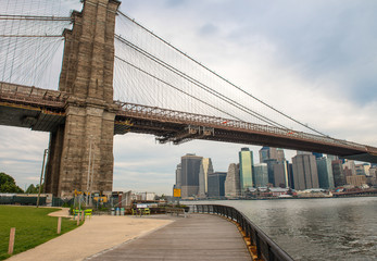 The Brooklyn Bridge, view from Brooklyn Bridge Park on a overcas