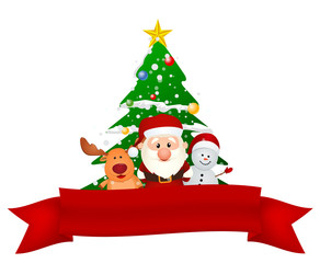 santa claus, reindeer and snowman with red ribbon