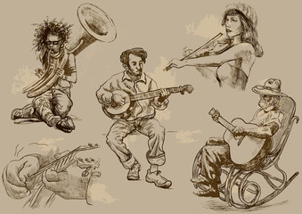 Musiciens - illustrations de dessins à la main dans un ensemble de vecteurs