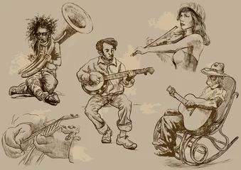 Cercles muraux Groupe de musique Musiciens - illustrations de dessins à la main dans un ensemble de vecteurs