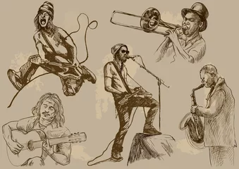 Papier Peint photo autocollant Groupe de musique Musiciens - illustrations de dessins à la main dans un ensemble de vecteurs
