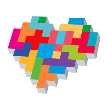 Tetris heart. Love typography. Love game. Heart of color pixels.