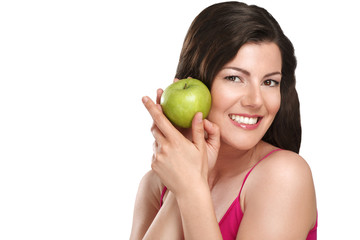 young beautiful woman showing fresh fruits of season