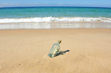 Dollars in a bottle on the beach