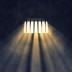 Prison cell interior , barred window - 54087488