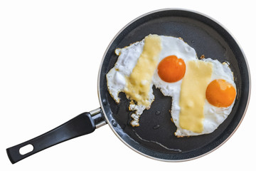 Two Sunny Side Up Eggs In Teflon Frying Pan Isolated On White