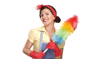 young happy beautiful woman maid dusting on white