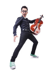 Funny man with violin on white
