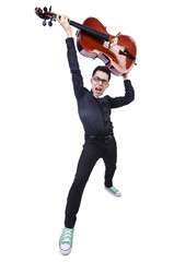 Funny man with violin on white