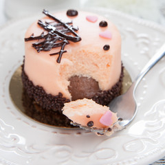 Sweet cake on a white wooden table