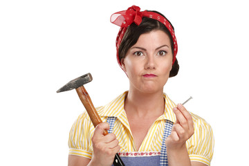 pretty funny girl  struggling with some housework - 54092603