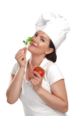 young woman chef showing ingredients for italian food - 54094289