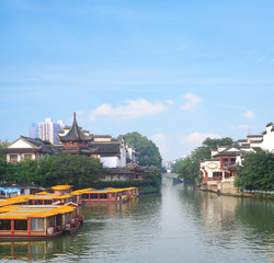 Nanjing Confucius Temple and the boat on the River