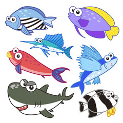cartoon sea animals set with white background