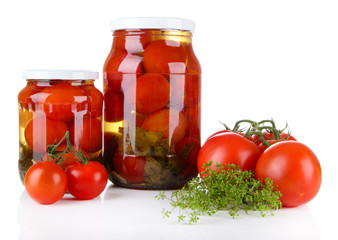 Tasty canned and fresh tomatoes, isolated on white