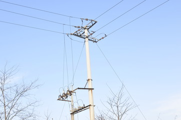 Telephone poles and wires and the blue sky