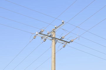 Telephone poles and wires and the blue sky