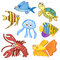 cartoon sea animals set with white background