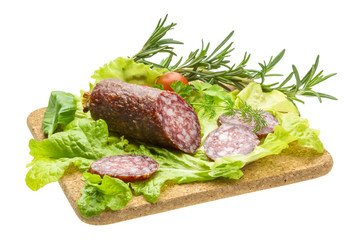 Salami with rosemary, salad and tomatoes