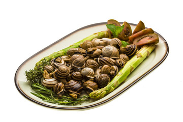 Escargot with asparagus, rosemary, thymus and tomato