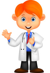 Cute little male doctor waving hand