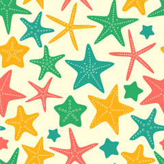 Fototapeta na wymiar Colorful starfishes summer seamless background, vector
