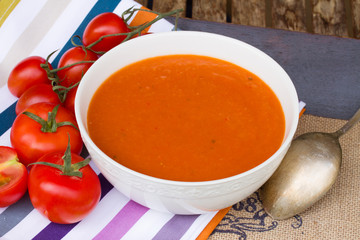 Spanish gazpacho with tomatoes close up