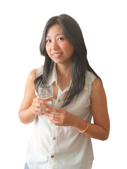 An Asian woman with drinking water, isolated on white background